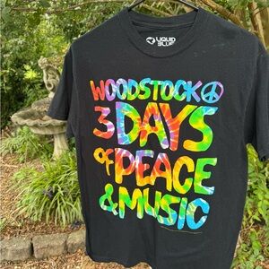 Liquid Blue Black Woodstock Tie-Dye Text Tee NWOT